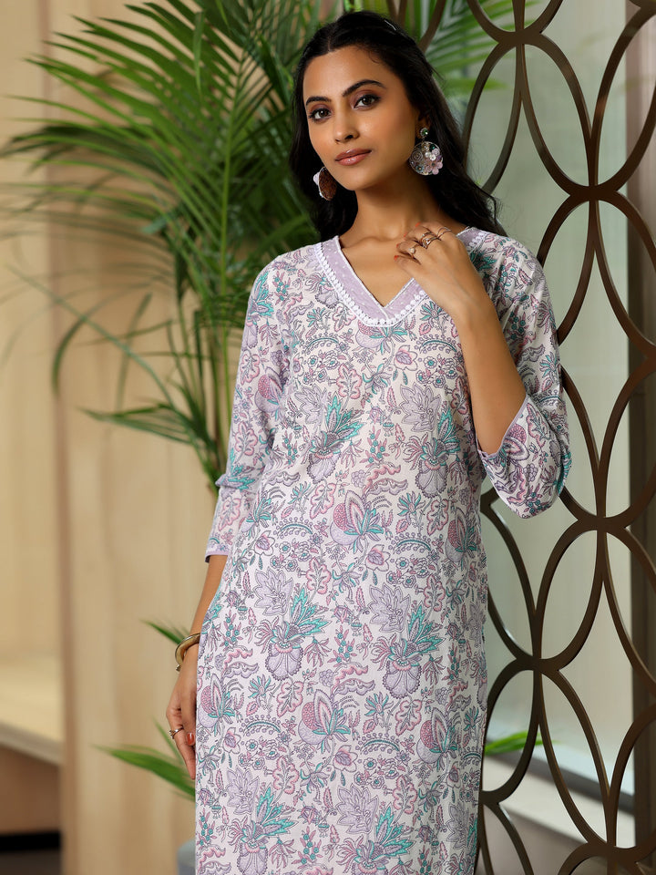 Off White Printed Cotton Straight Suit With Dupatta