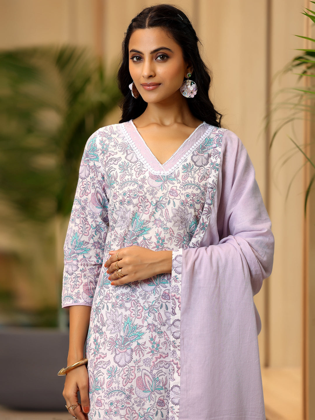 Off White Printed Cotton Straight Suit With Dupatta