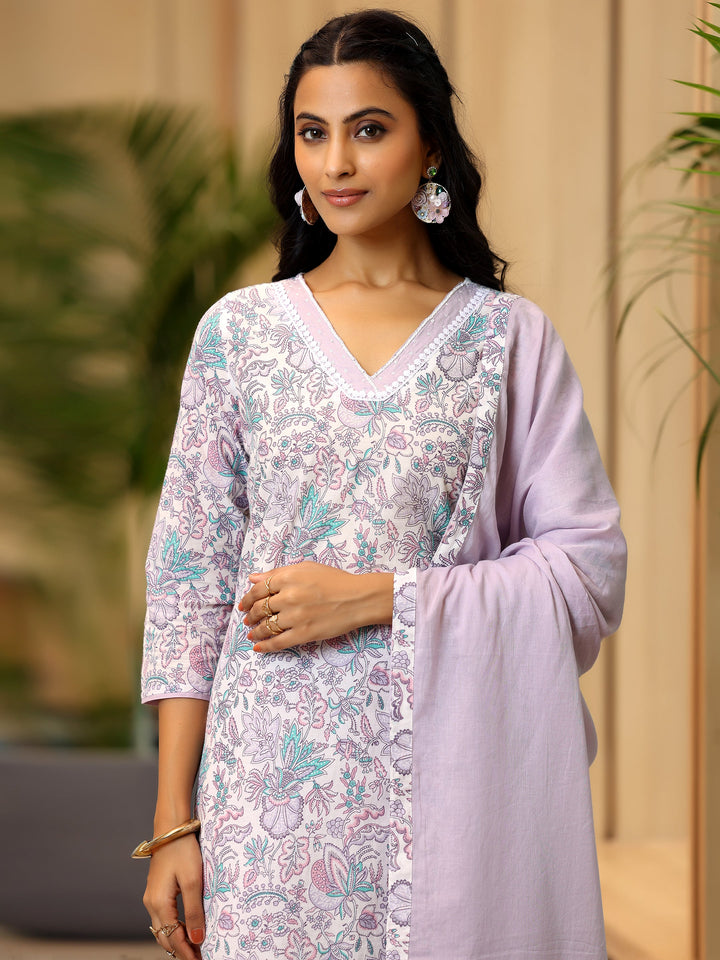 Off White Printed Cotton Straight Suit With Dupatta