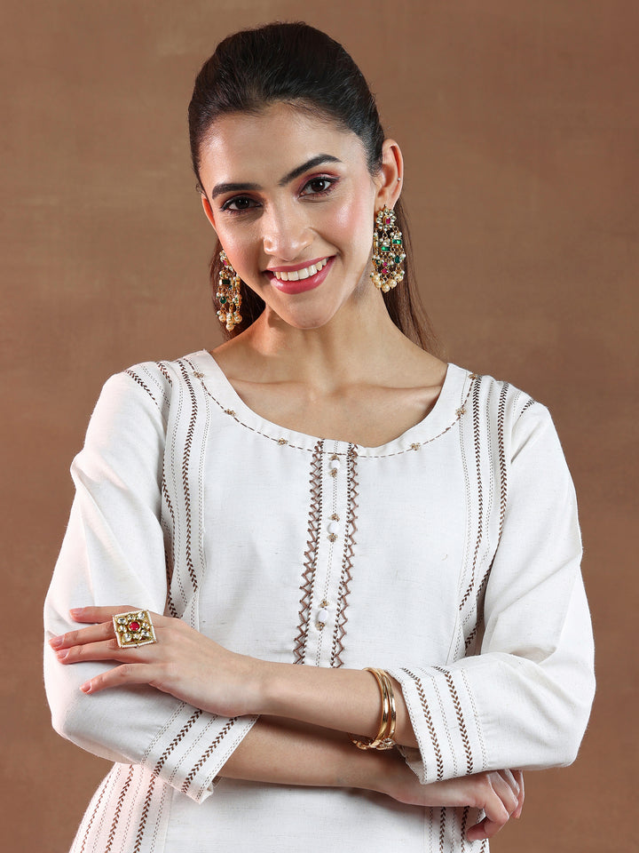 Off White Printed Cotton Blend Straight Suit With Dupatta