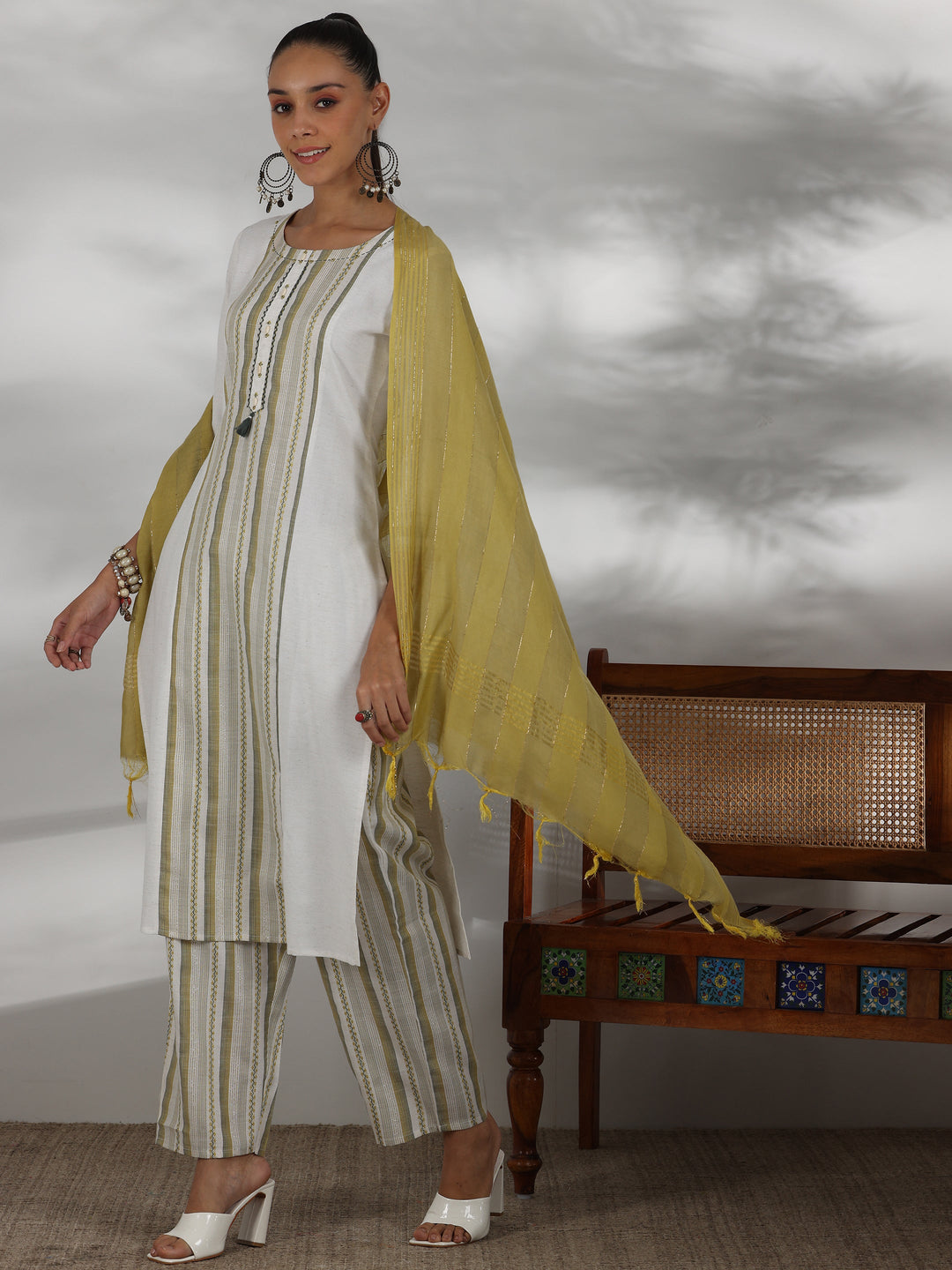 Off White Printed Cotton Blend Straight Suit With Dupatta
