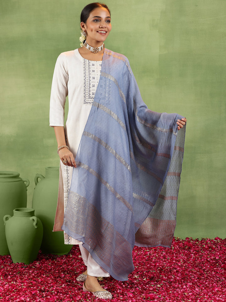 Off White Woven Design Cotton Blend Straight Suit With Dupatta