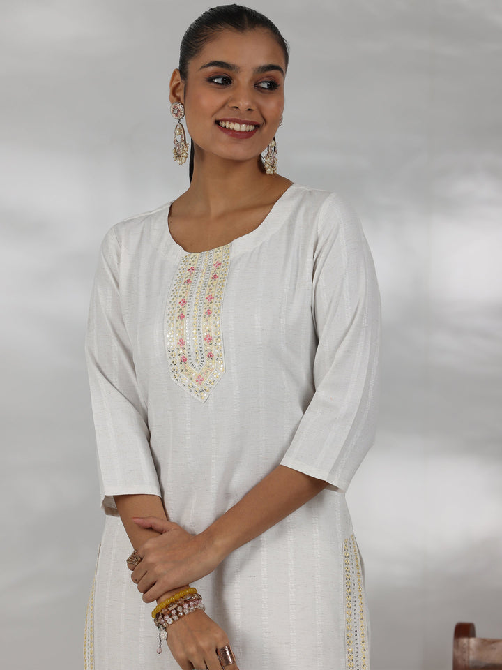 Off White Woven Design Cotton Blend Straight Suit With Dupatta