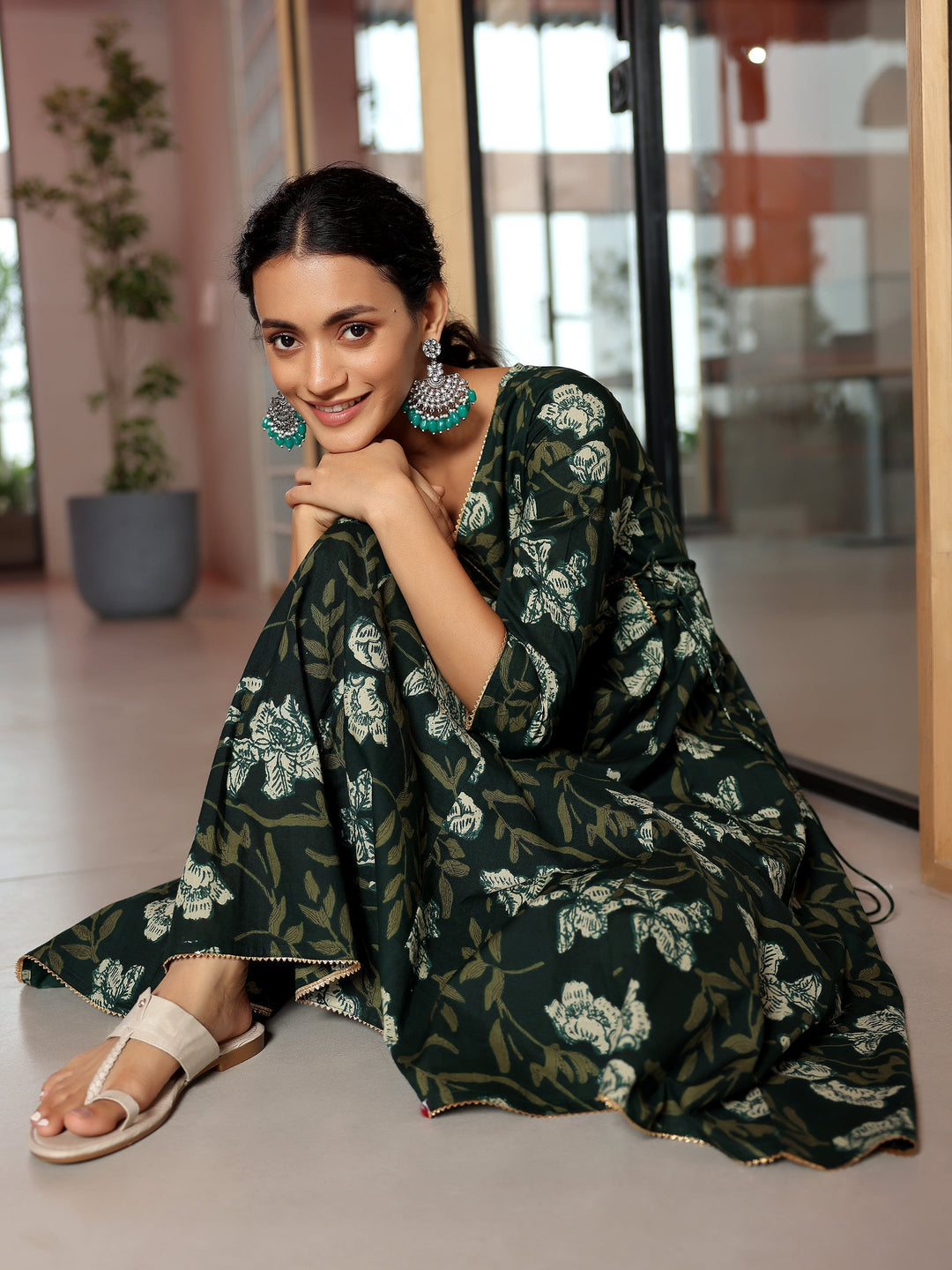 Green Printed Cotton Anarkali Kurta Set