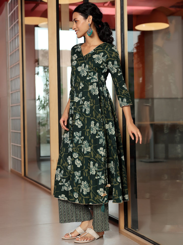 Green Printed Cotton Anarkali Kurta Set