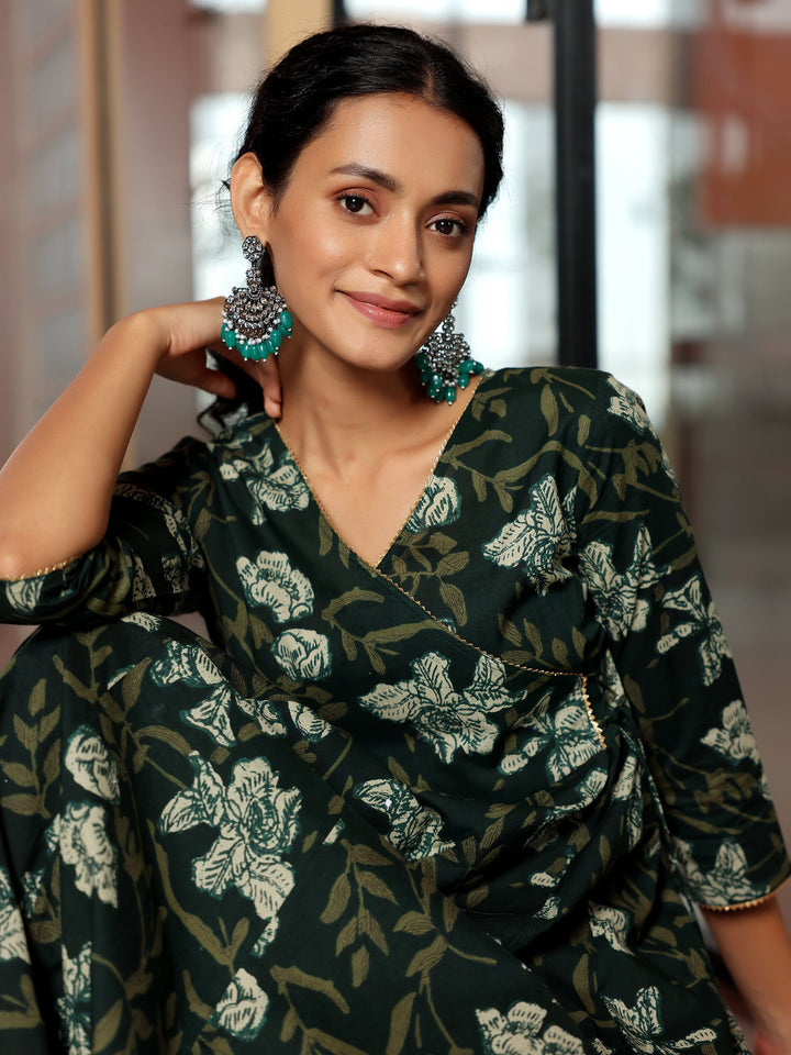 Green Printed Cotton Anarkali Kurta Set
