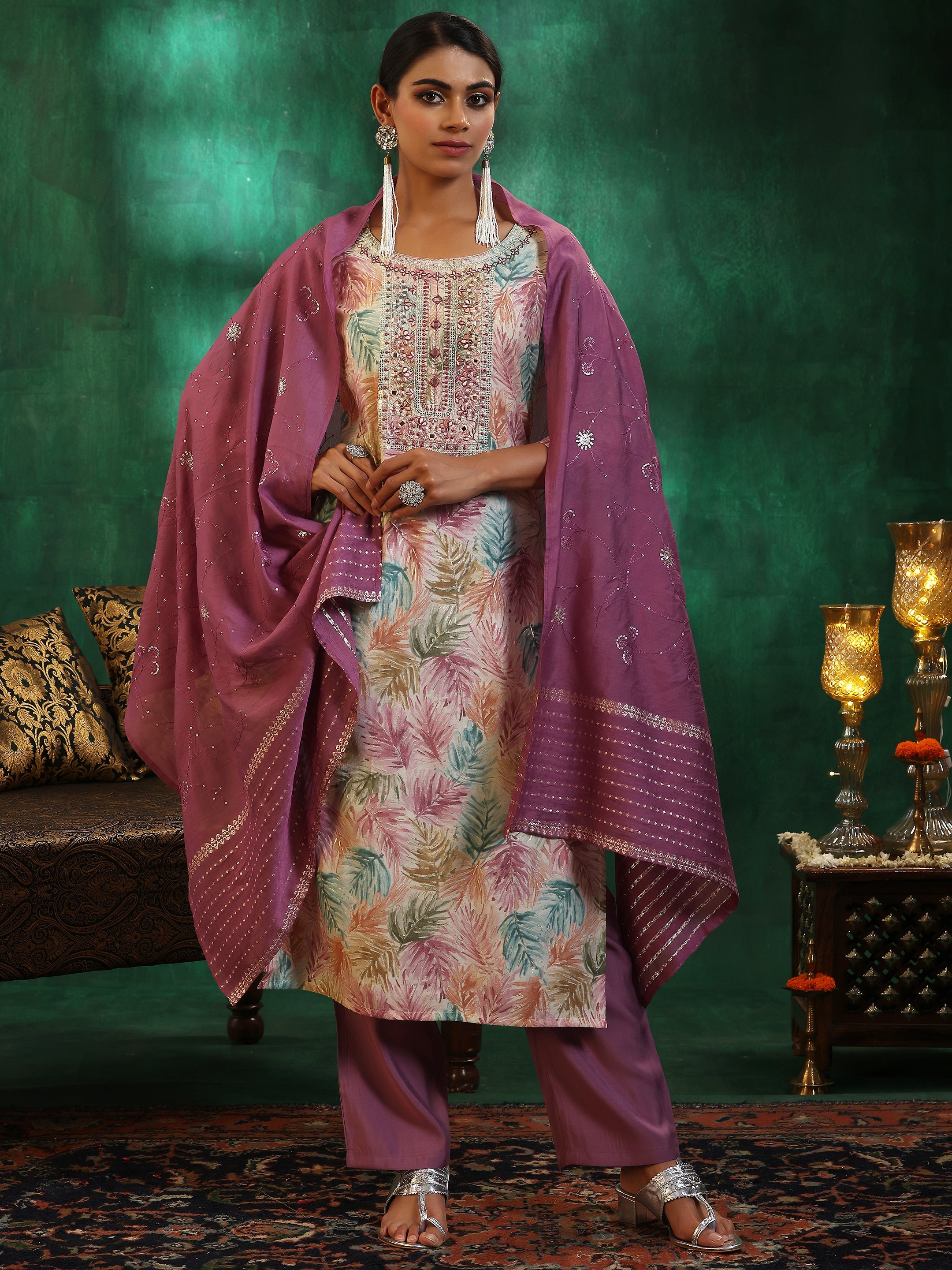 Off White Printed Silk Blend Straight Suit With Dupatta main image 0