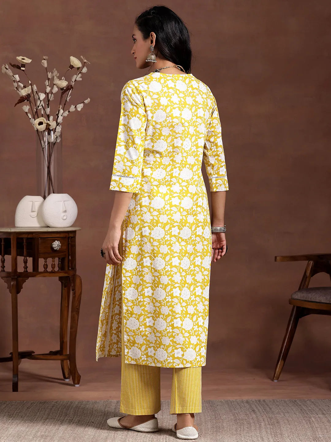 Yellow Printed Cotton Straight Kurta Set