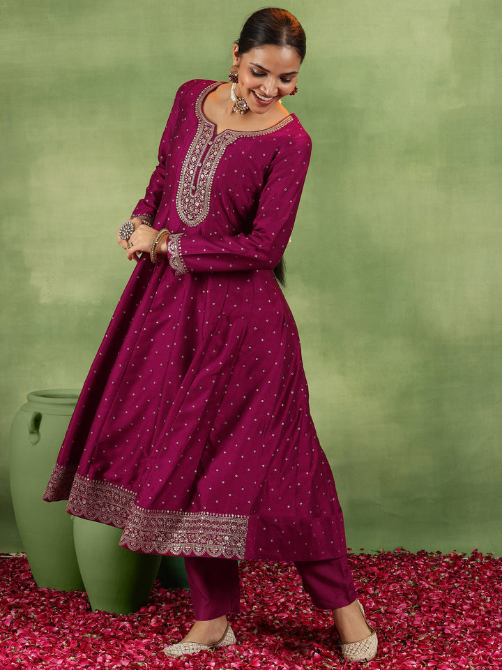 Maroon Embroidered Silk Blend Anarkali Suit With Dupatta