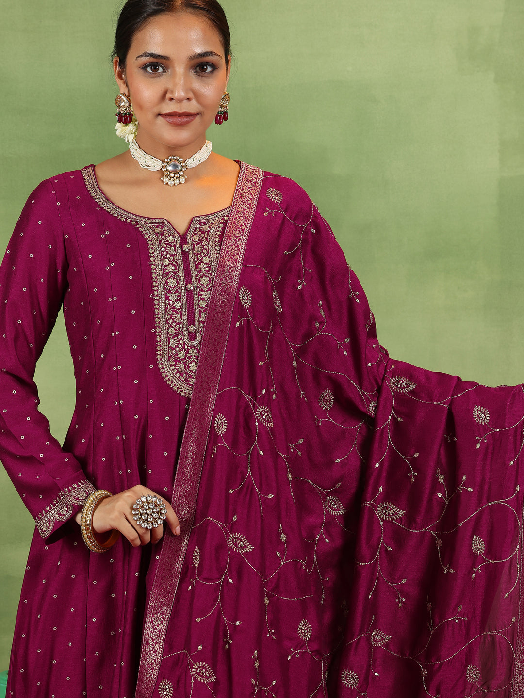 Maroon Embroidered Silk Blend Anarkali Suit With Dupatta