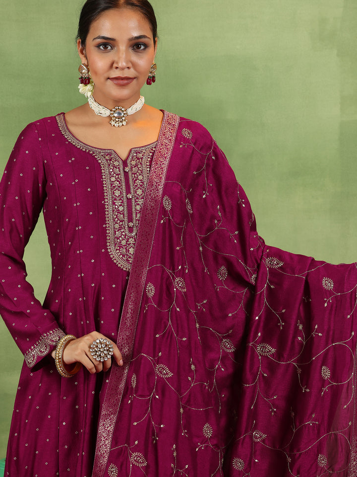 Maroon Embroidered Silk Blend Anarkali Suit With Dupatta
