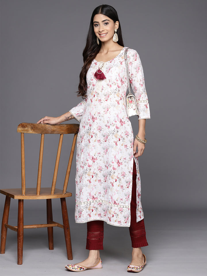 Off White Printed Cotton Straight Kurta