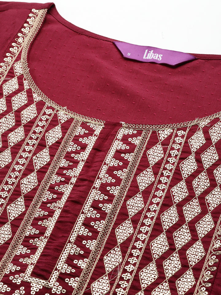 Maroon Yoke Design Silk A-Line Kurta