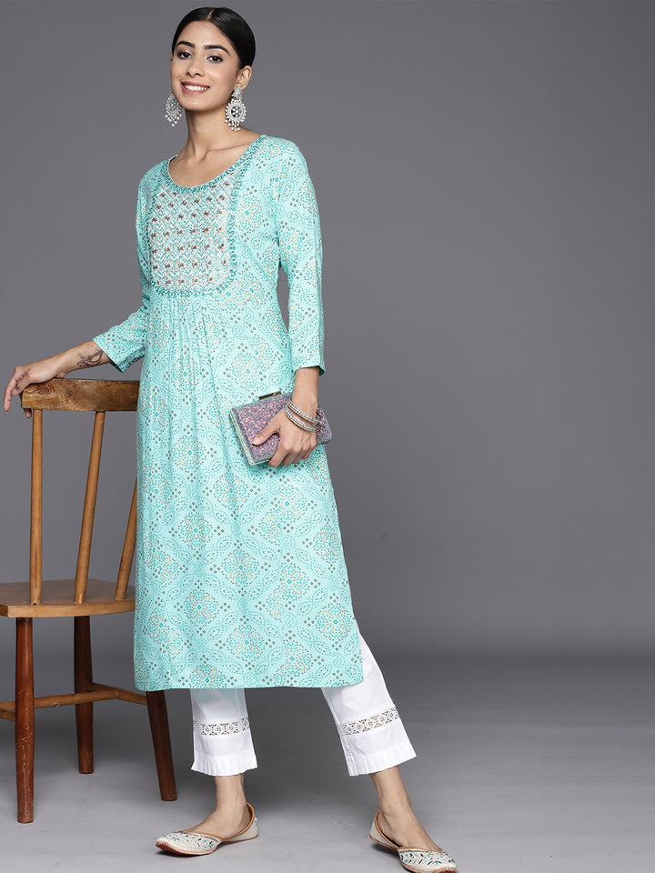 Turquoise Blue Printed Rayon Straight Kurta