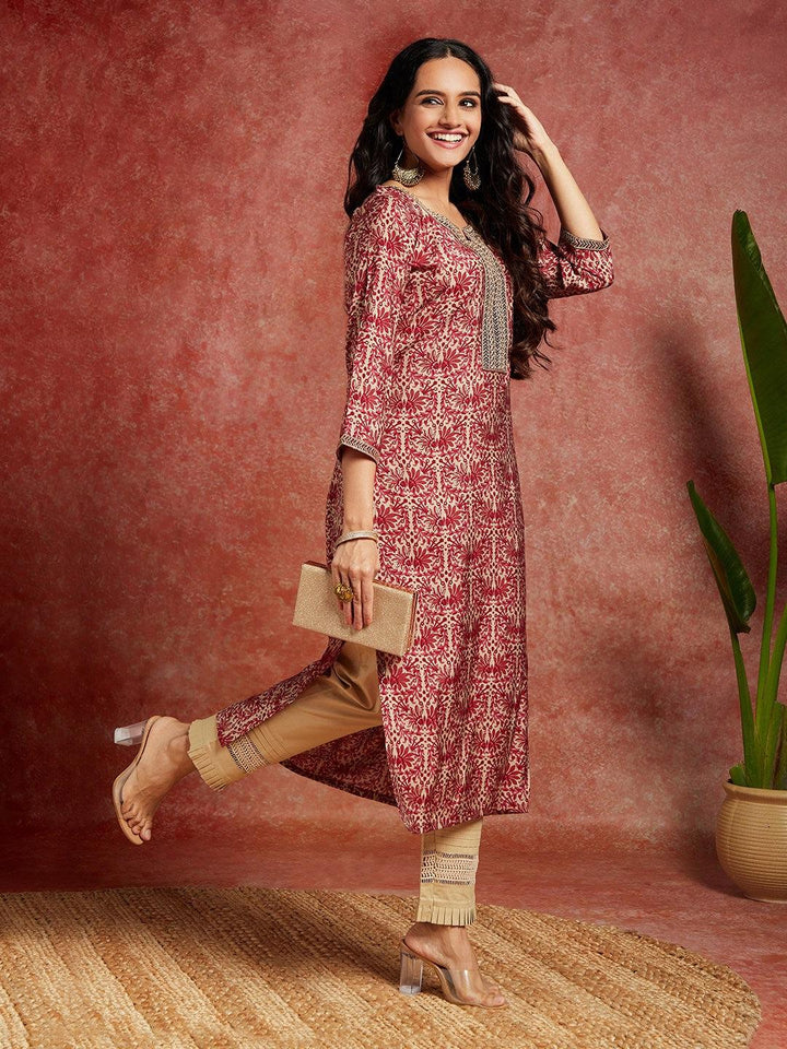 Maroon Yoke Design Silk Straight Kurta