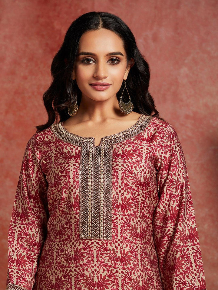 Maroon Yoke Design Silk Straight Kurta