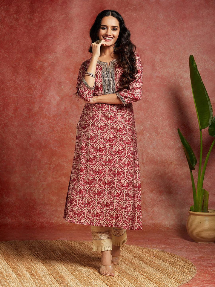 Maroon Yoke Design Silk Straight Kurta