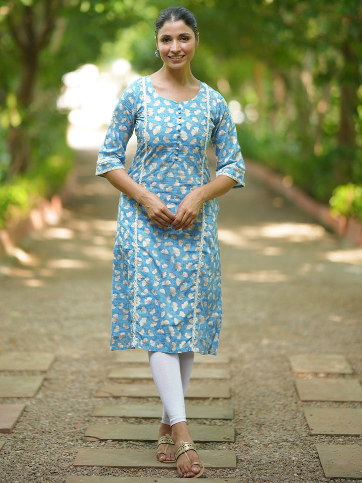 Blue Printed Cotton A-Line Kurta