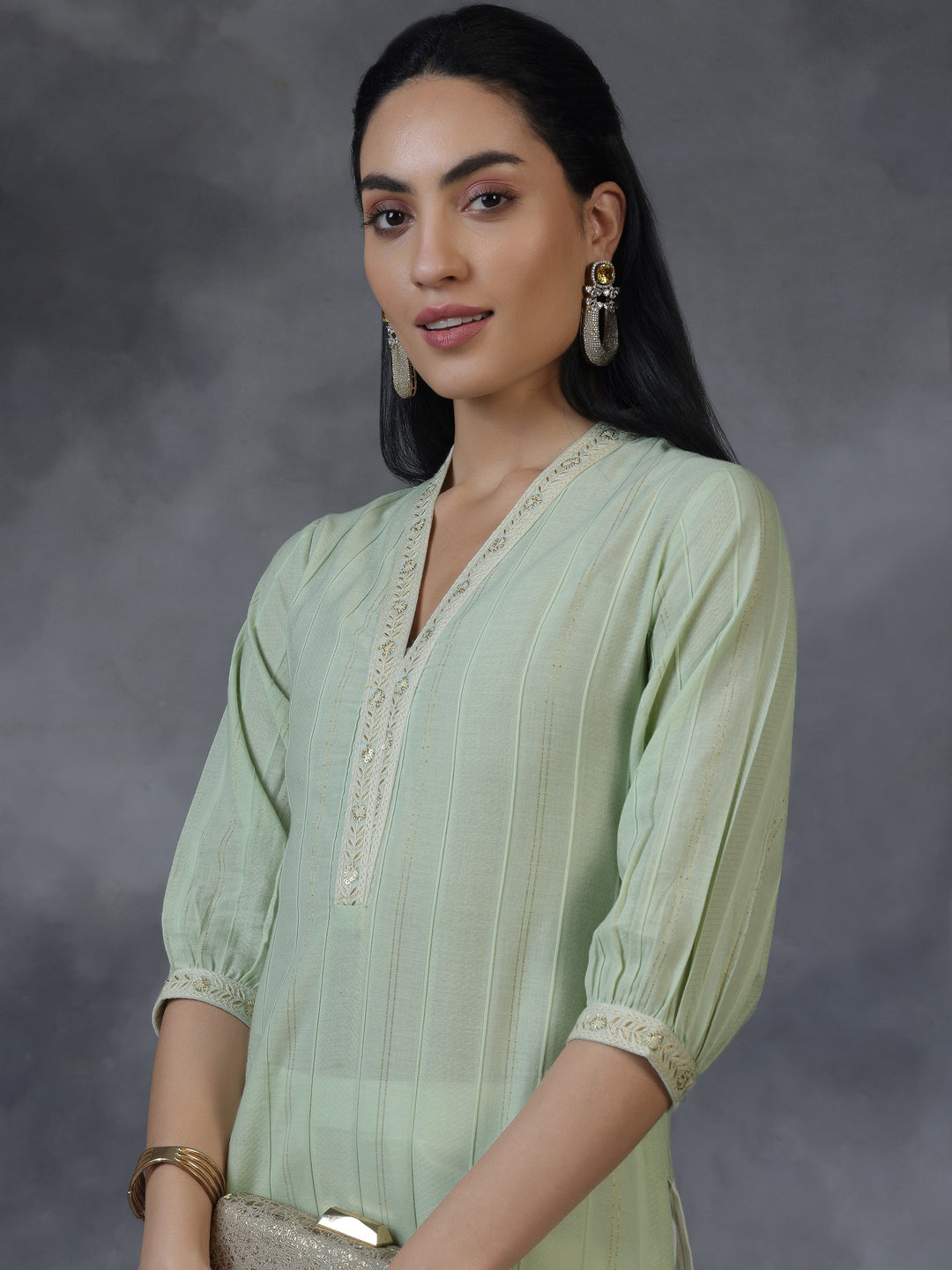 Light green Woven Design Cotton Straight Kurta