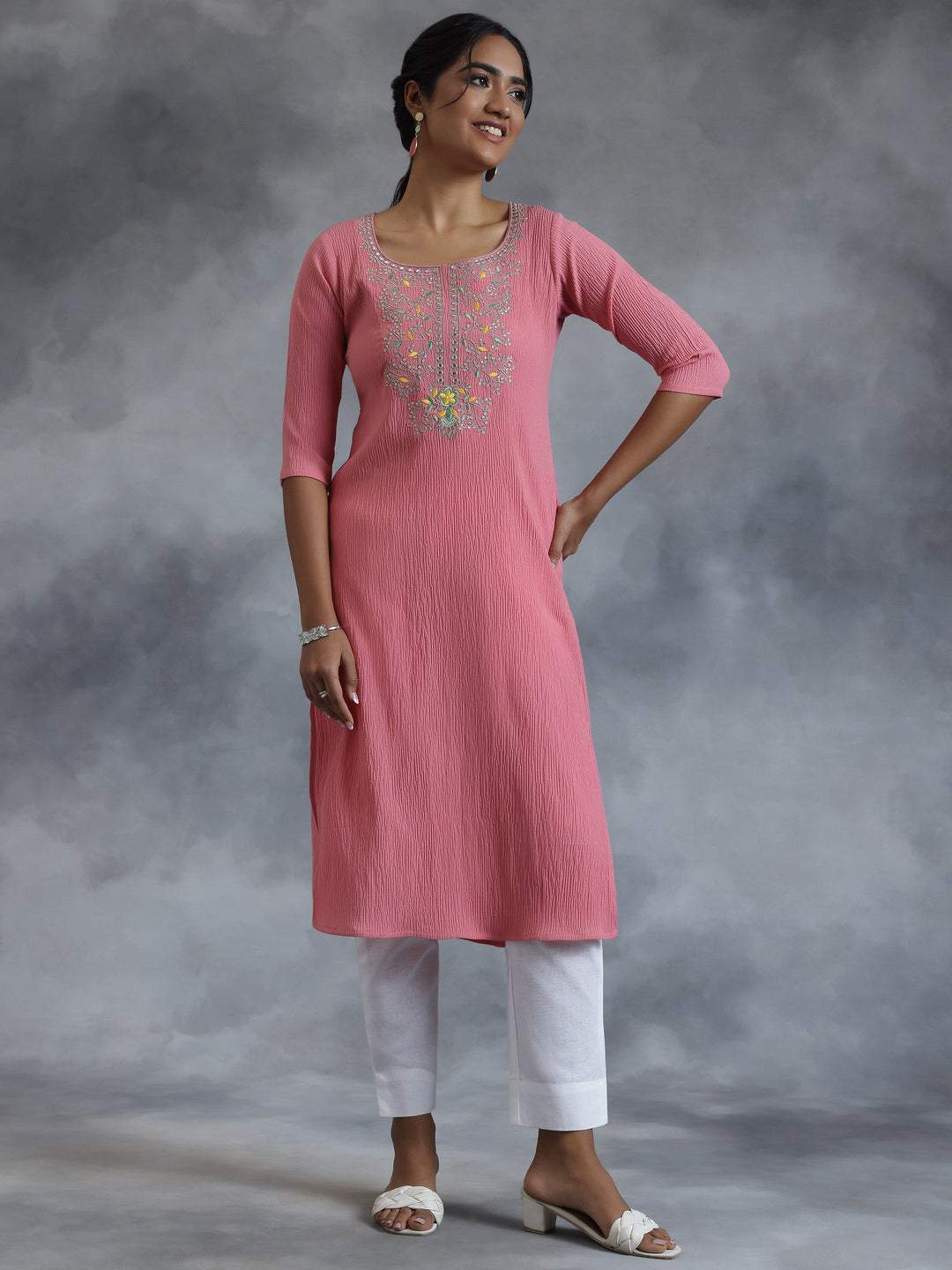 Pink Yoke Design Polyester Straight Kurta
