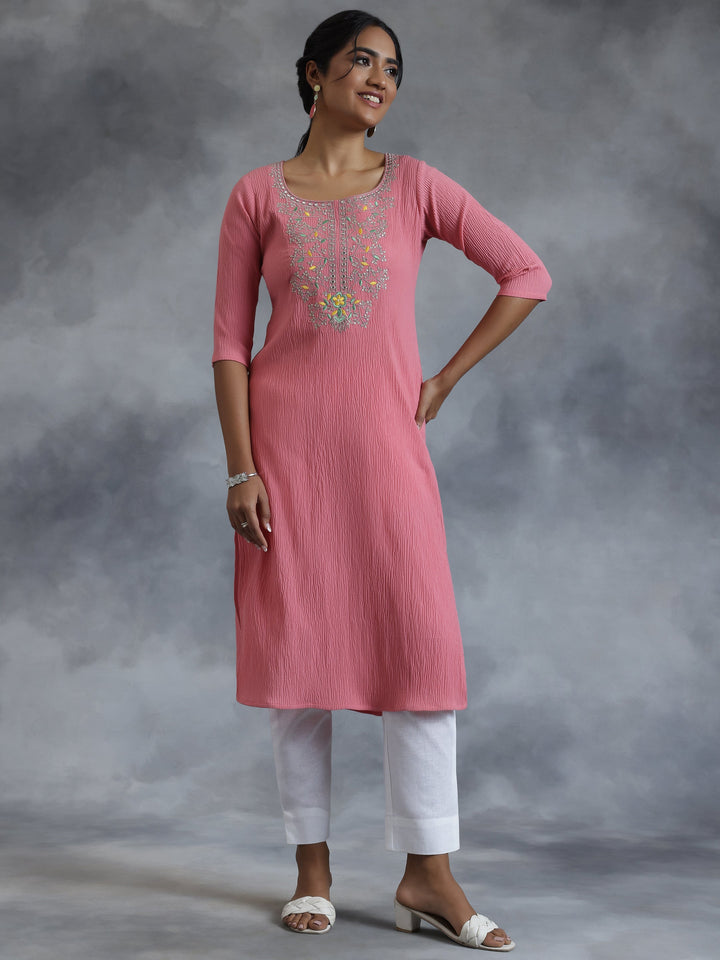 Pink Yoke Design Polyester Straight Kurta