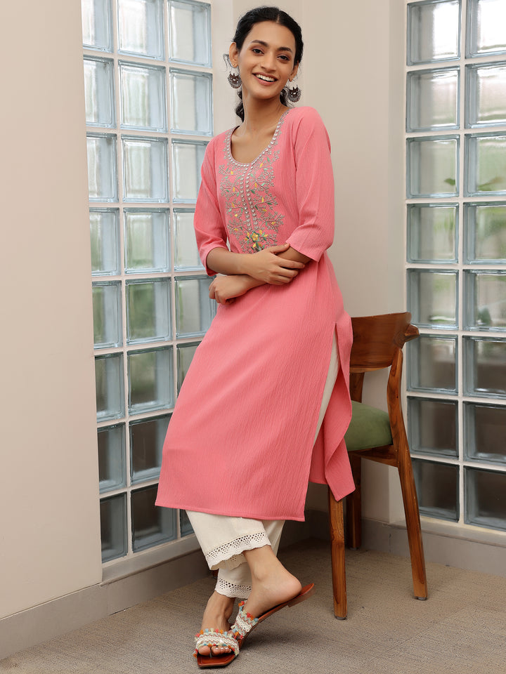 Pink Yoke Design Polyester Straight Kurta