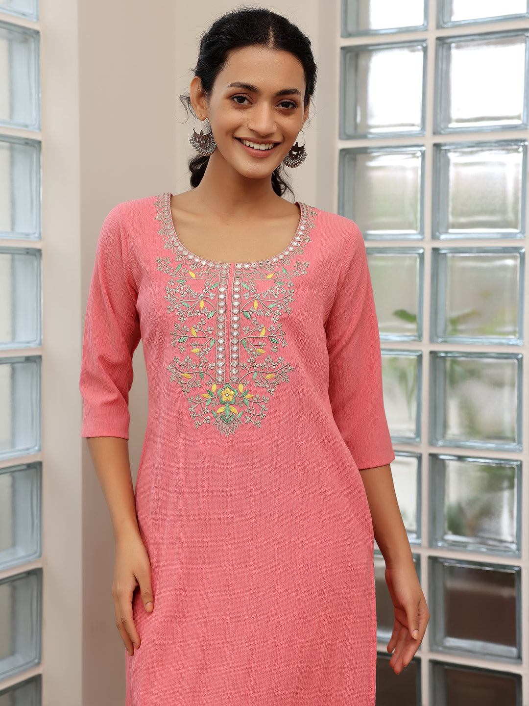 Pink Yoke Design Polyester Straight Kurta
