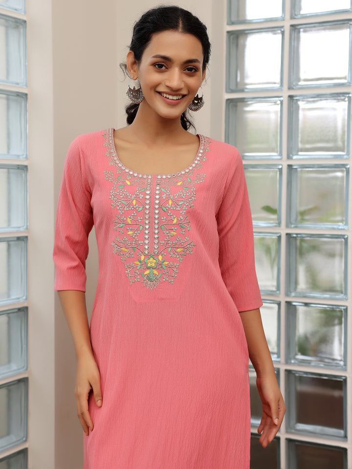 Pink Yoke Design Polyester Straight Kurta