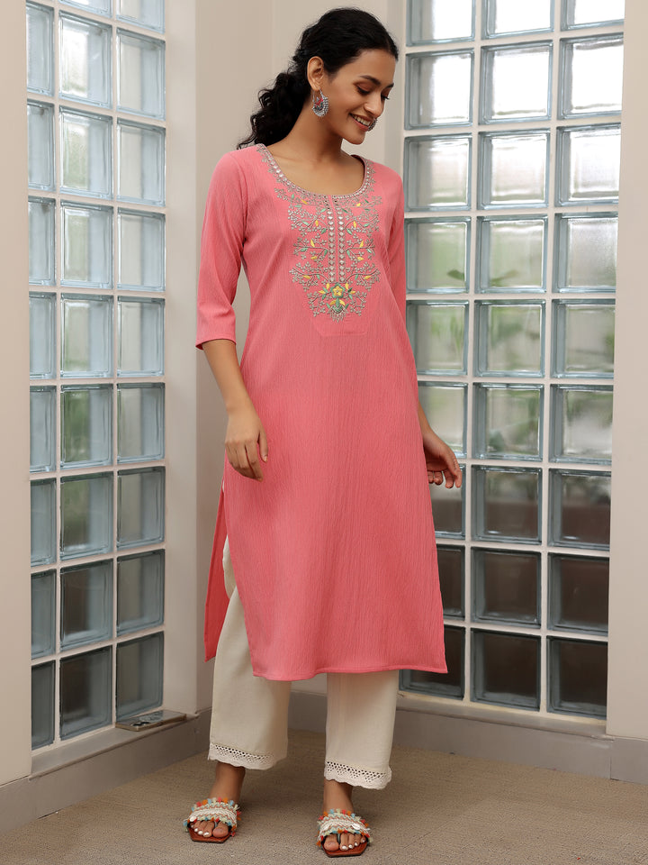Pink Yoke Design Polyester Straight Kurta