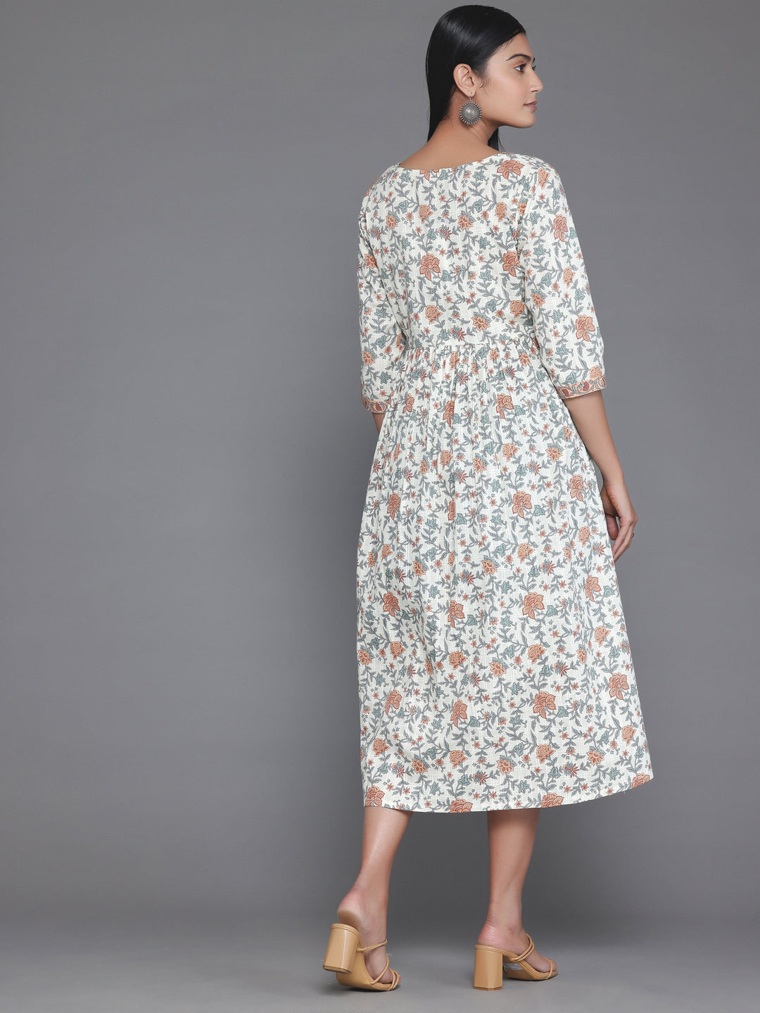 Off White Printed Cotton Fit and Flare Dress
