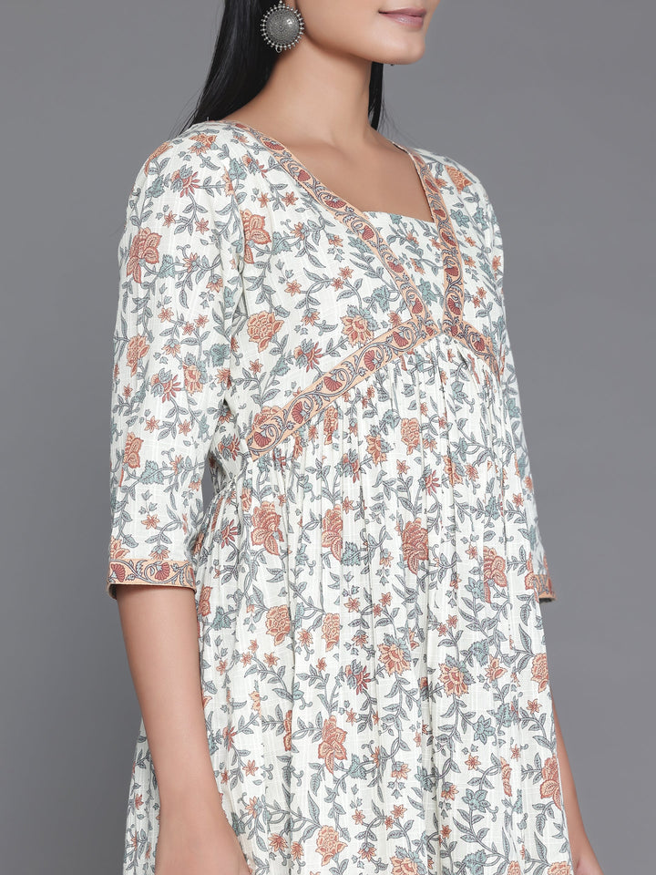 Off White Printed Cotton Fit and Flare Dress