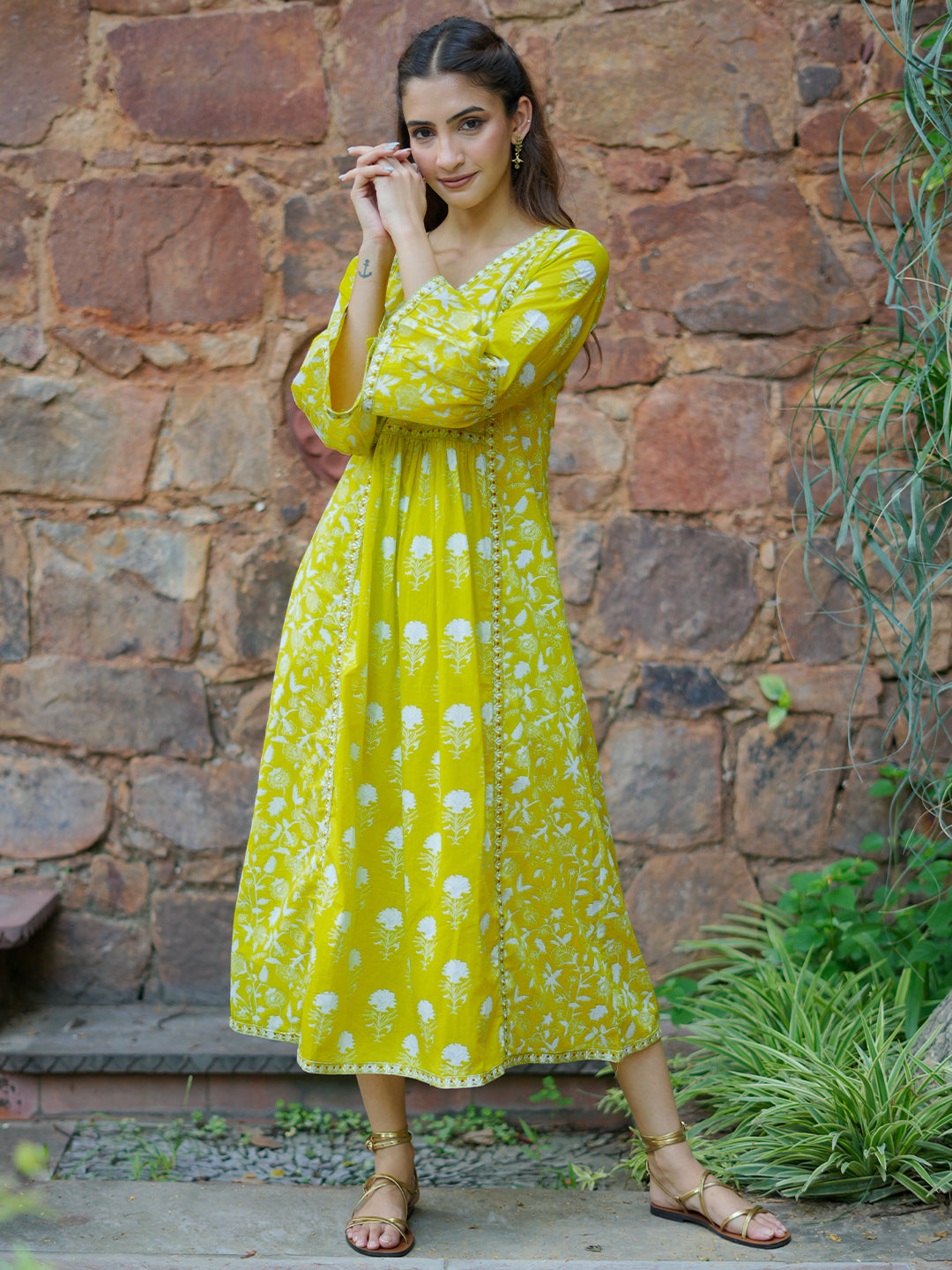 Buy Neon Green Printed Cotton A-Line Dress Online in United States at  $22.00
