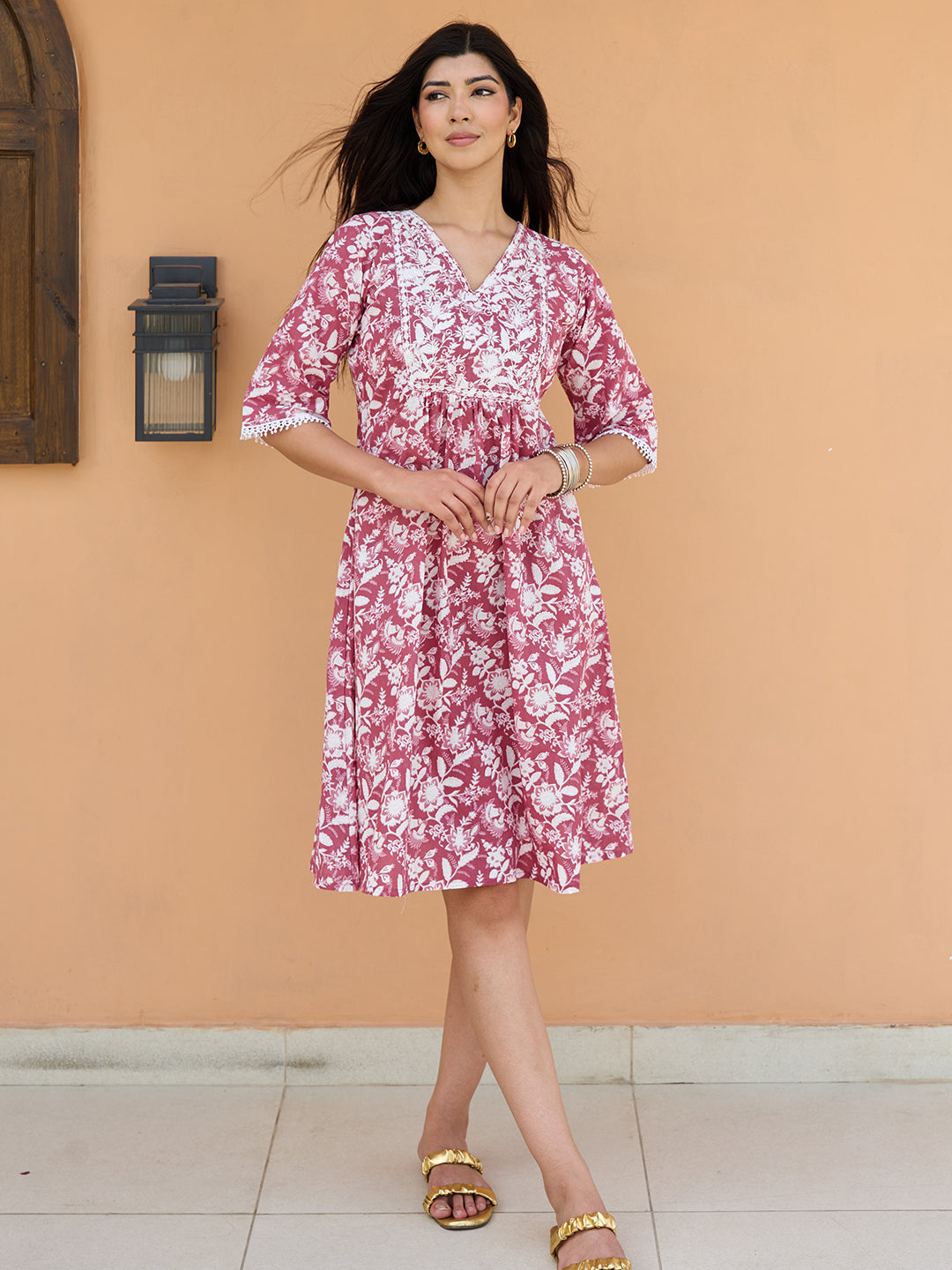 Buy Coral Printed Cotton A-Line Midi Dress Online US at $21.00