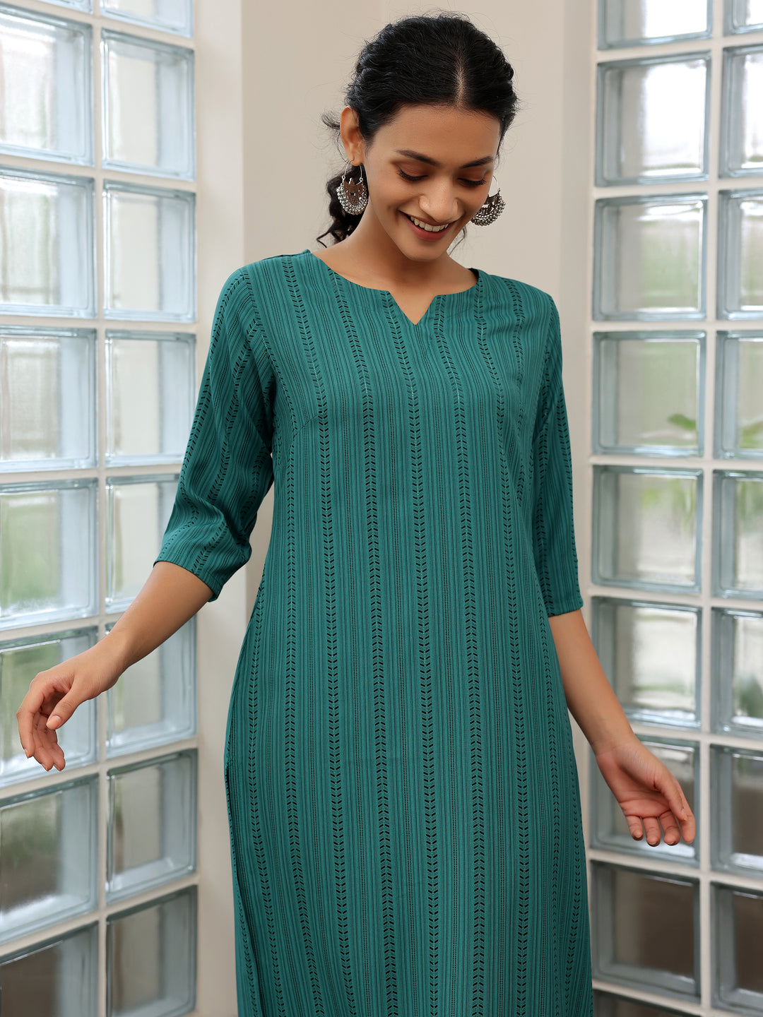 Blue Striped Rayon Straight Kurta