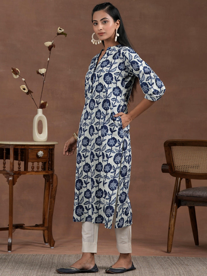 Blue Printed Cotton Straight Kurta