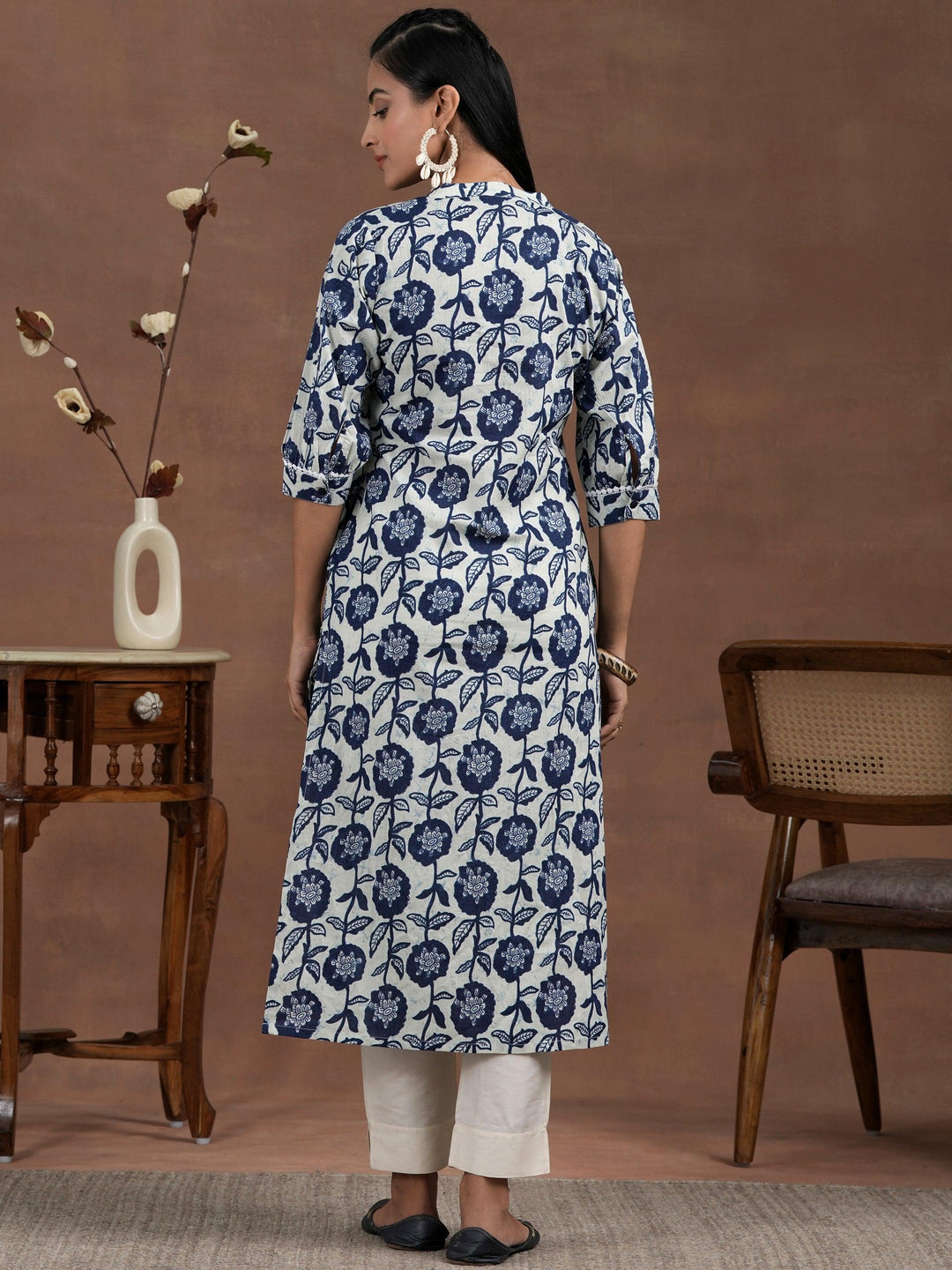 Blue Printed Cotton Straight Kurta