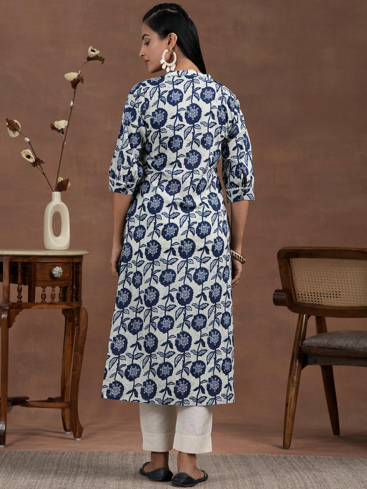 Blue Printed Cotton Straight Kurta