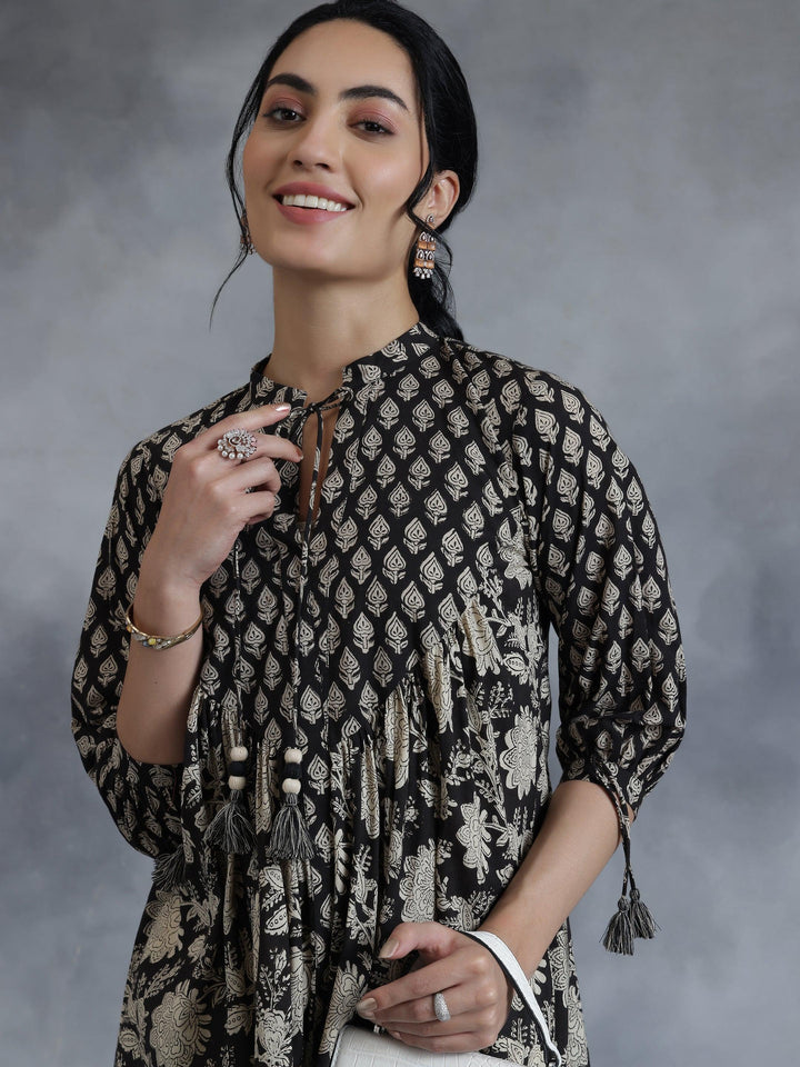 Black Printed Cotton A-Line Kurti