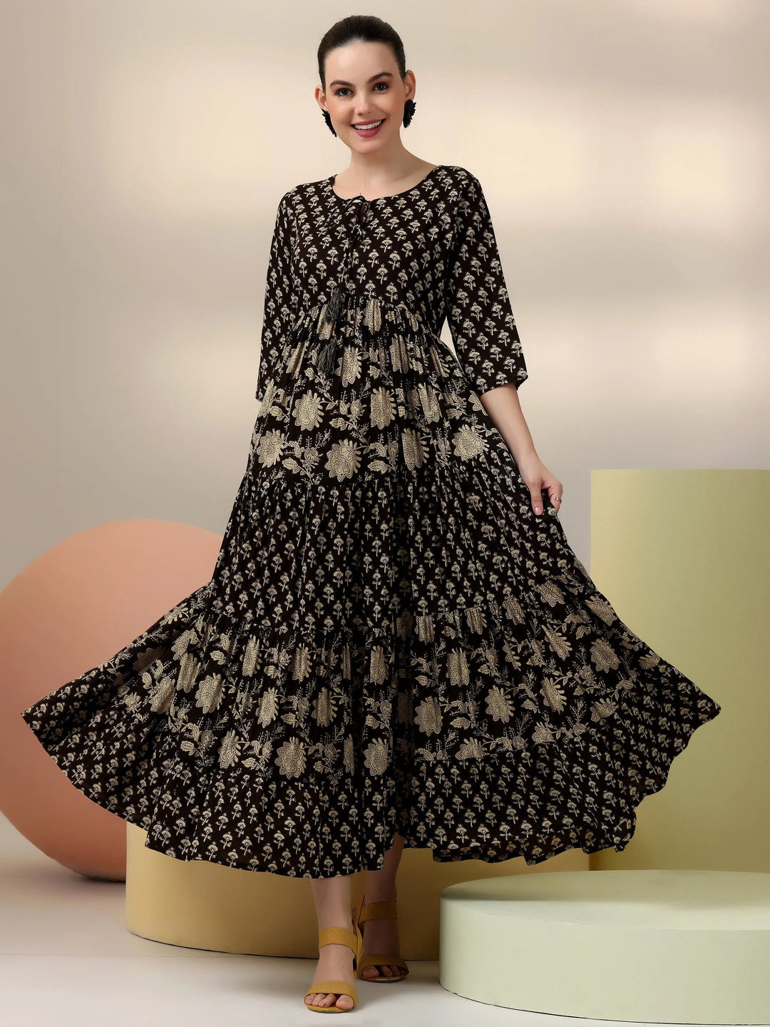 Black Printed Cotton A-Line Dress
