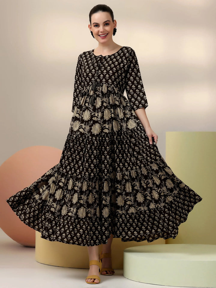 Black Printed Cotton A-Line Dress