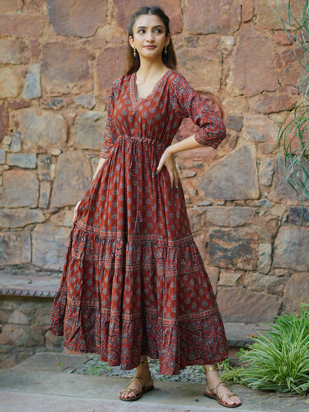 Buy Libas Maroon Printed Cotton A-Line Dress Online in USA at $37.00