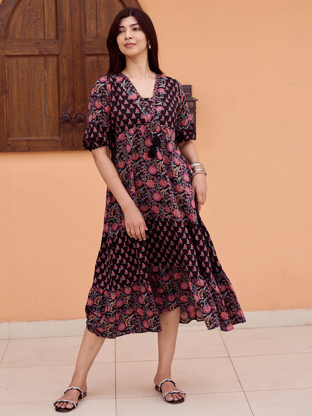 Buy Libas Black Printed Cotton A-Line Dress Online in USA at $22.00