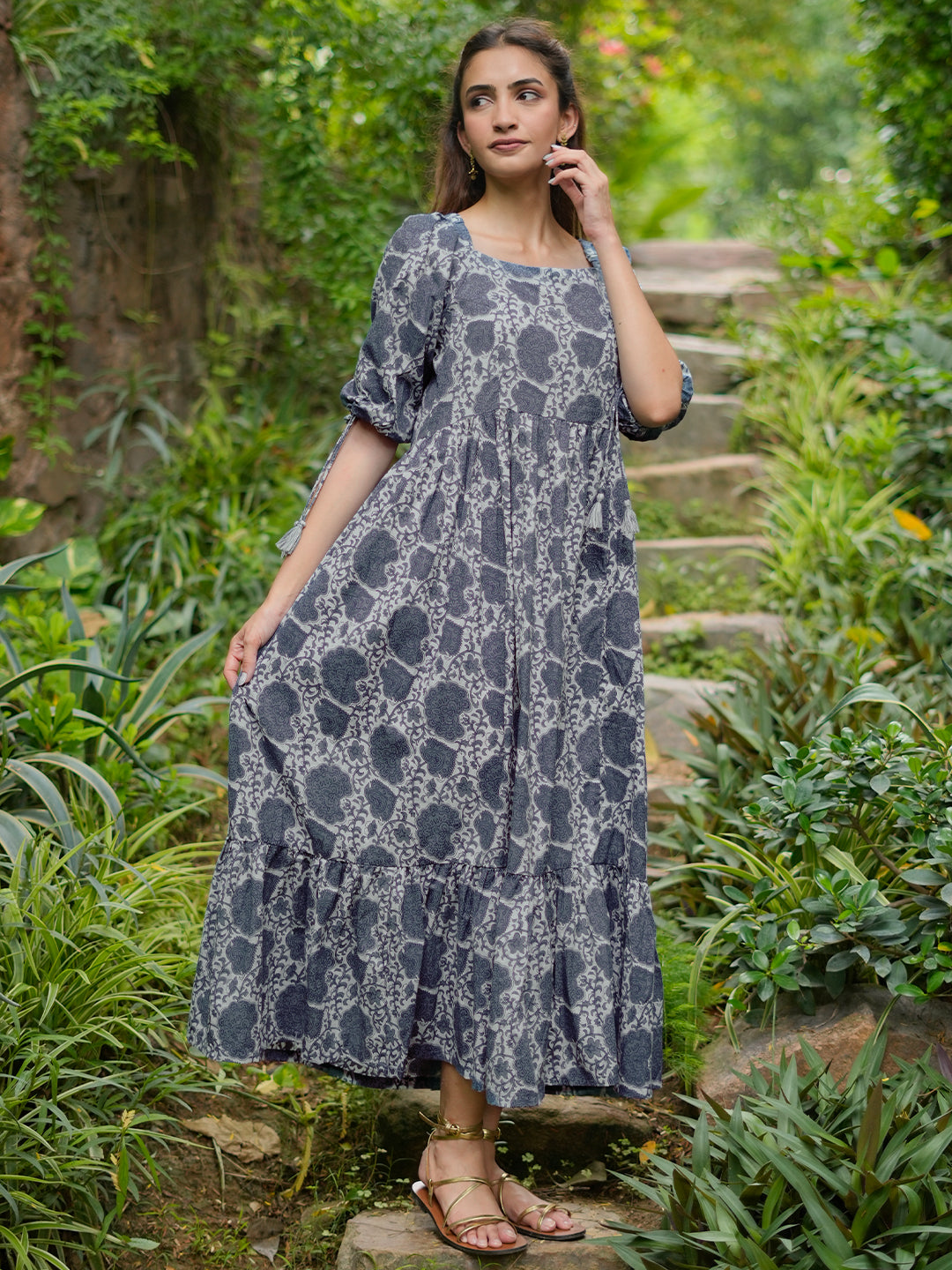 Buy Grey Printed Cotton Fit and Flare Dress Online at Libas