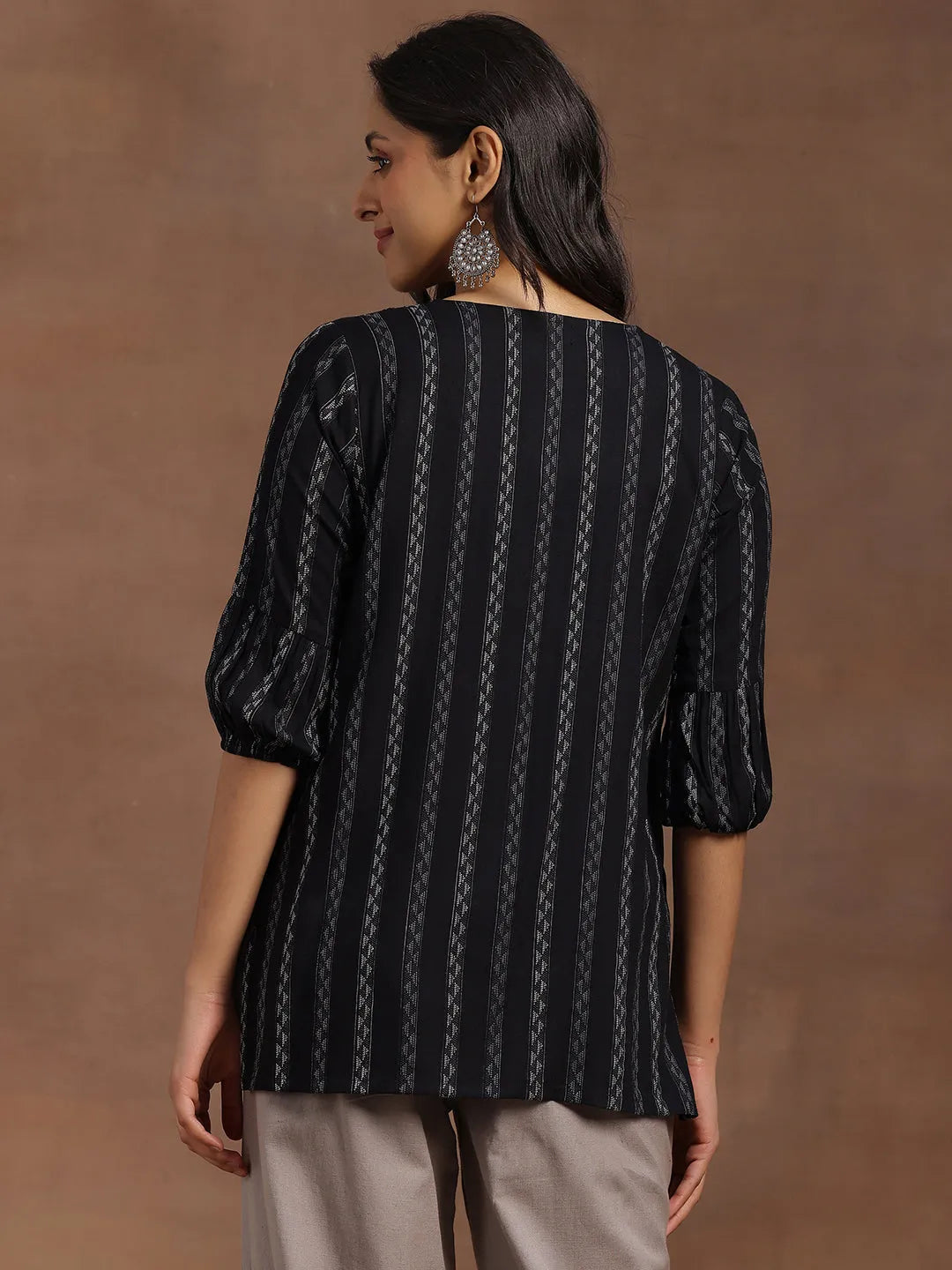 Black Woven Design Silk Blend Straight Kurti