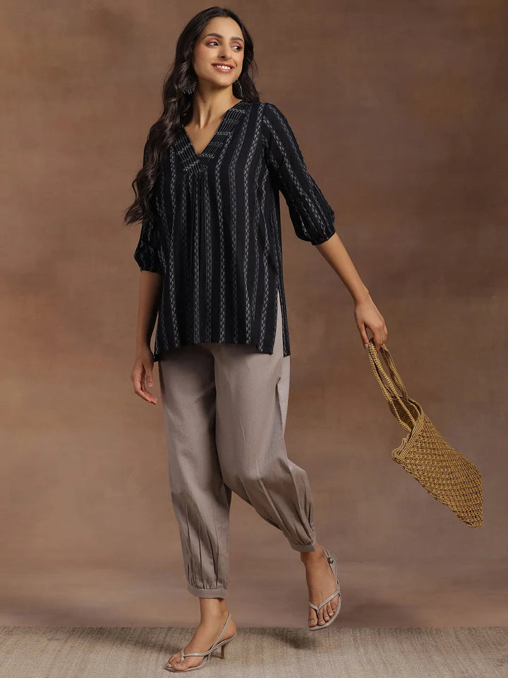 Black Woven Design Silk Blend Straight Kurti