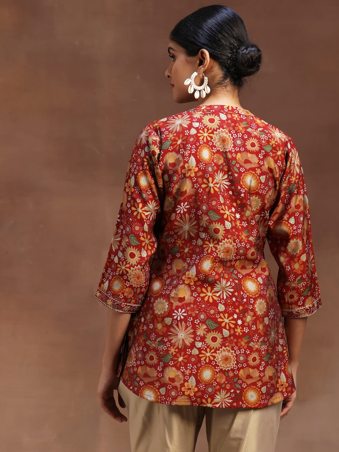 Red Printed Silk Blend A-Line Kurti