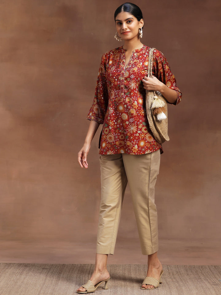 Red Printed Silk Blend A-Line Kurti