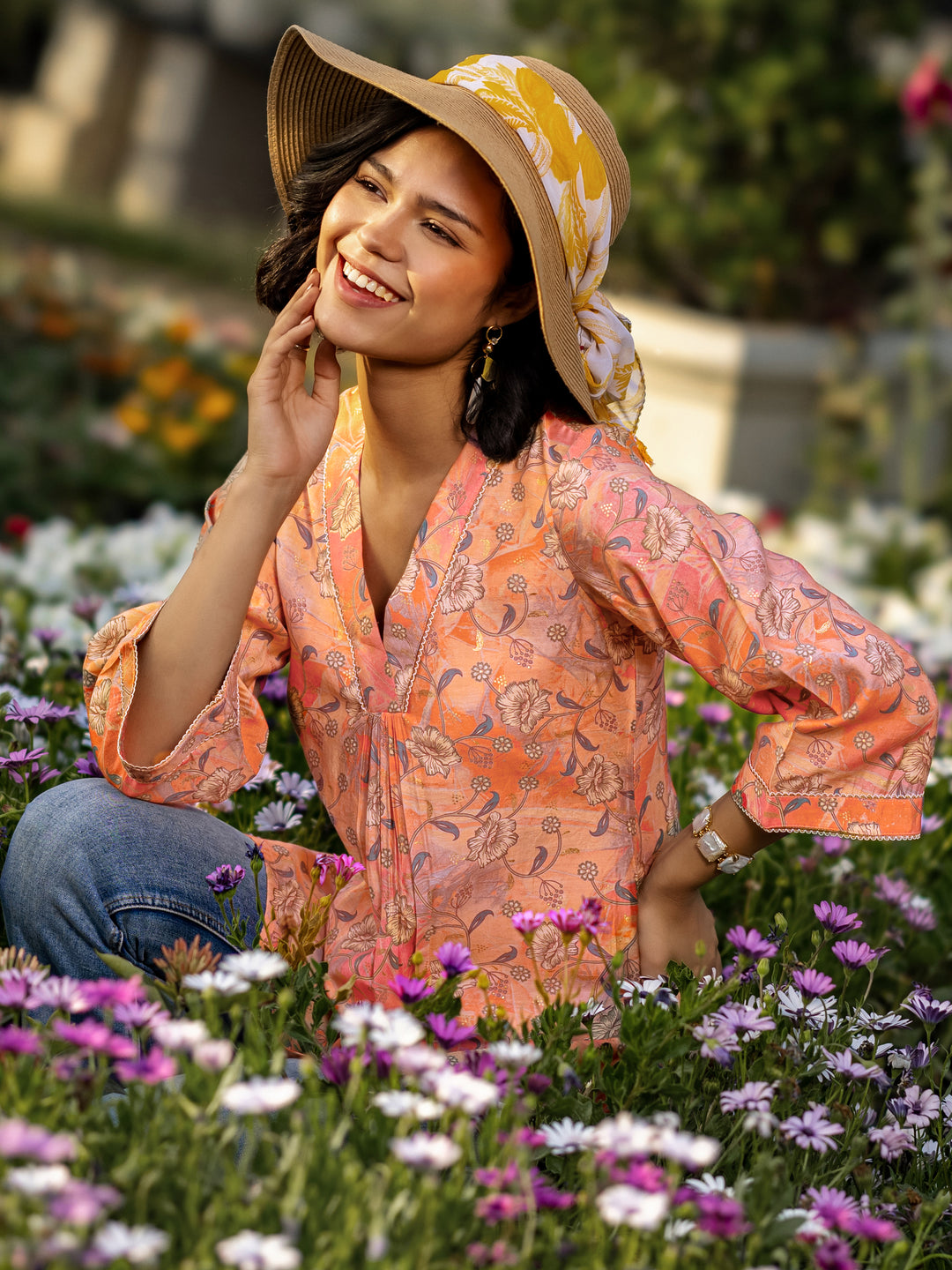 Peach Printed Silk Blend A-Line Kurti