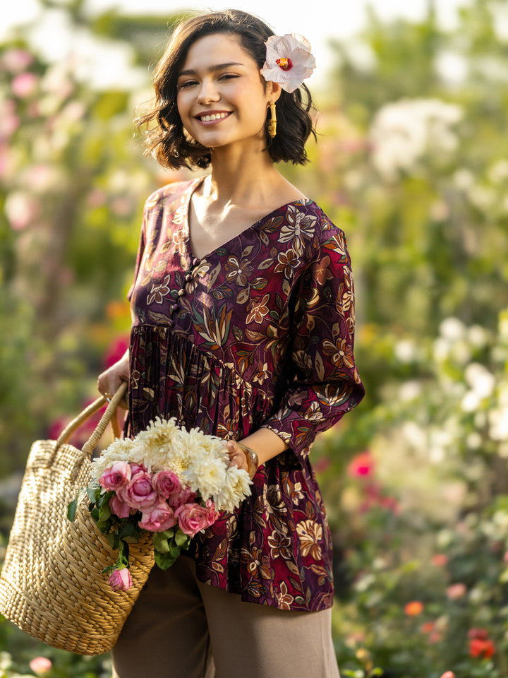 Wine Printed Silk Blend A-Line Kurti