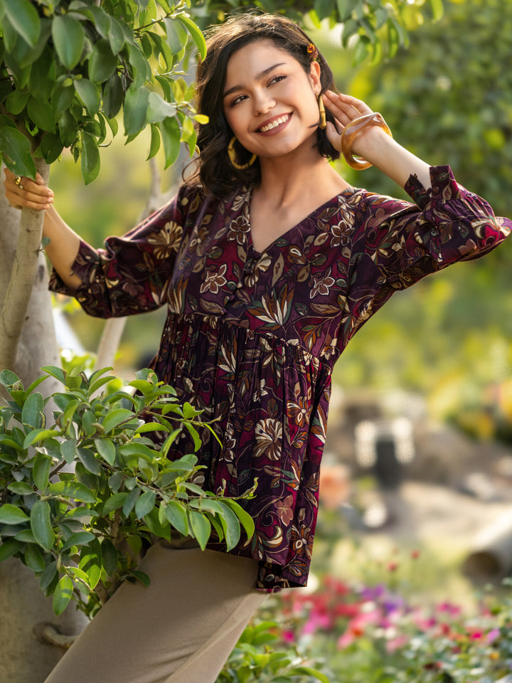 Wine Printed Silk Blend A-Line Kurti